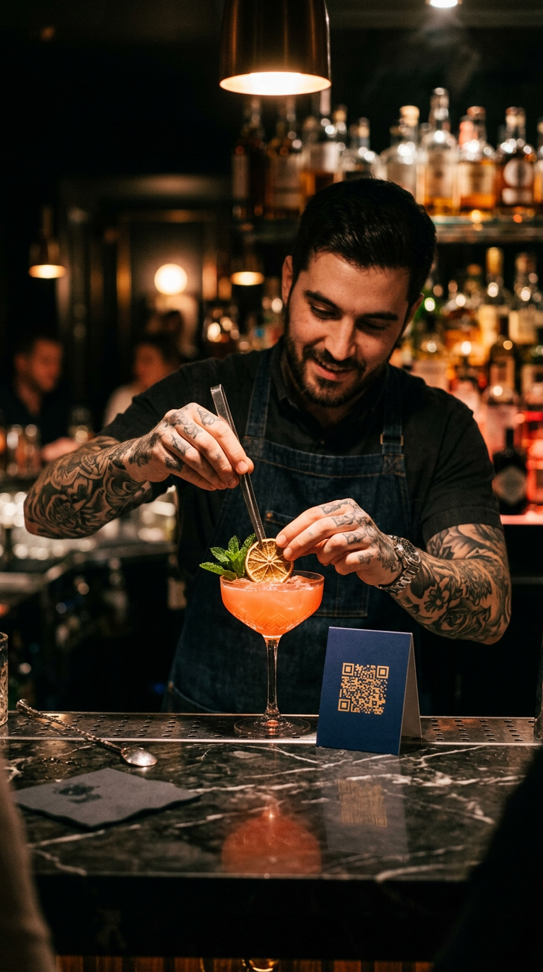 Barmenas jaukiame kokteilių bare, ant baro Tipsy kortelė